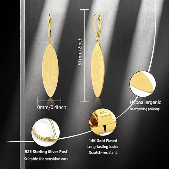 Trendy 14K Gold Plated Drop Leaf Shaped Dangle Earring for Women - Picture 4 of 5